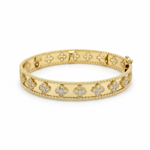 14K Gold Wide Flower Bangle Bracelet with Cubic Zirconia – 19.4 g