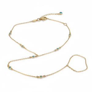 14K Gold Hand Chain Bracelet with Ring – Blue Bezel-Set Stones