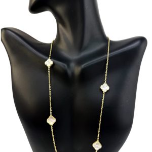 10K Gold Dainty White Four-Leaf Clover Station Necklace – 16 in
