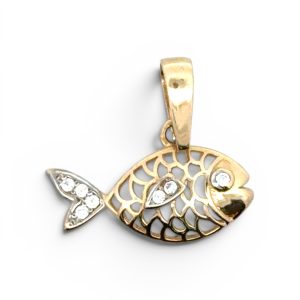 14K Gold Filigree Fish Pendant with Cubic Zirconia